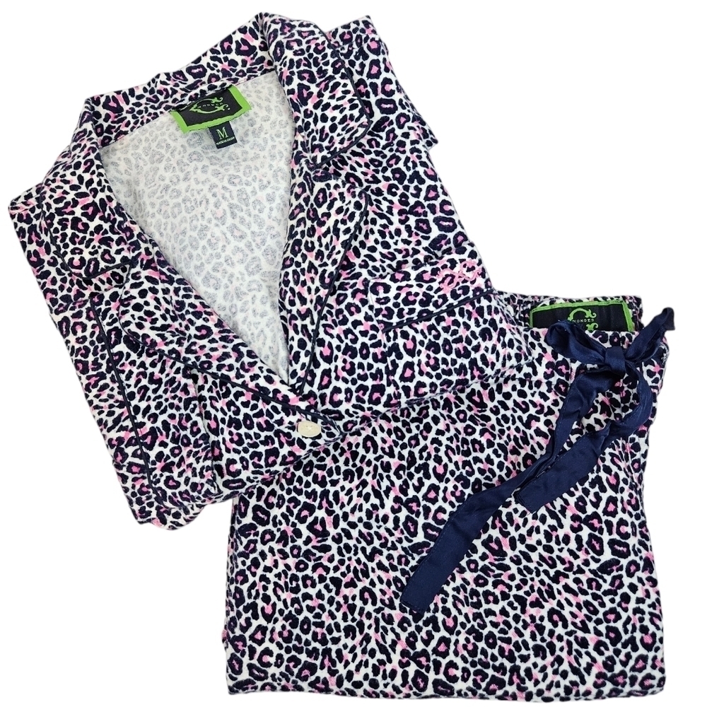 C Wonder Colorful Leopard Print Flannel Button Down Pajama Set Size Medium J63